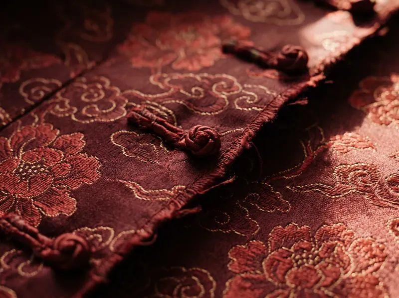 Deep oxblood silk brocade with a woven floral pattern and knotted fastenings.