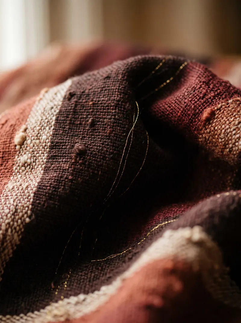 Close view of hand-woven raw silk in deep red with gold thread running through it.